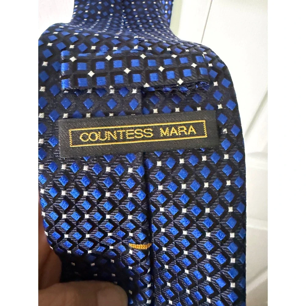 Countess Mara Mens Blue‎ Black Geometric Diamond Silk Tie Hand Made Classic Tie